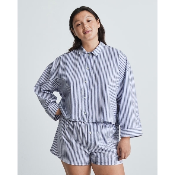 Everlane Shirt Women PJ Blue Button Up Woven Pajama Top Silky Cotton Crop - Picture 1 of 11